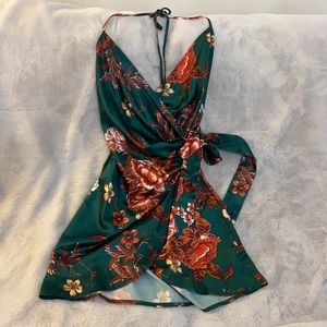 PLT Green Floral Print Satin Halterneck Wrap Dress